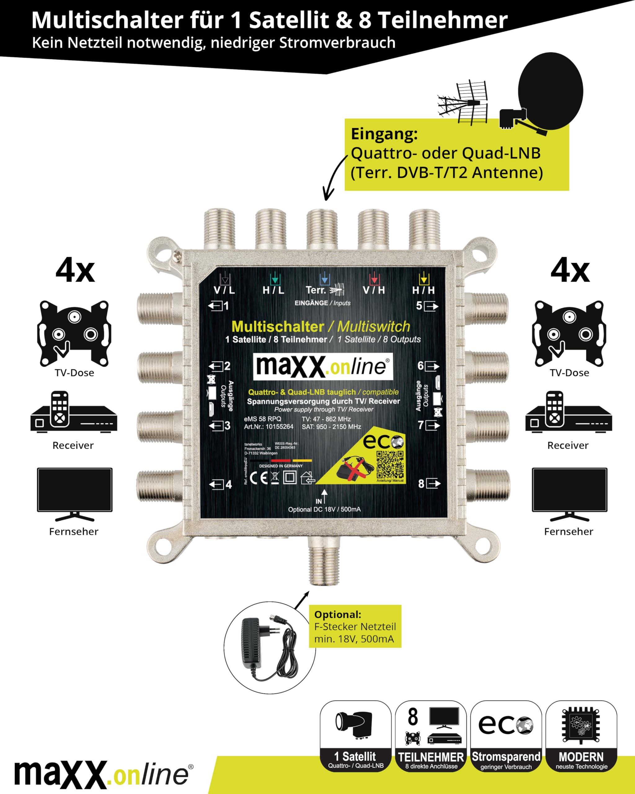 Multiconmutador 8 participantes, 1 satélite, apto para Quad y Quattro LNB, no necesita fuente de alimentación, multiconmutador satélite, multiconmutador múltiple
