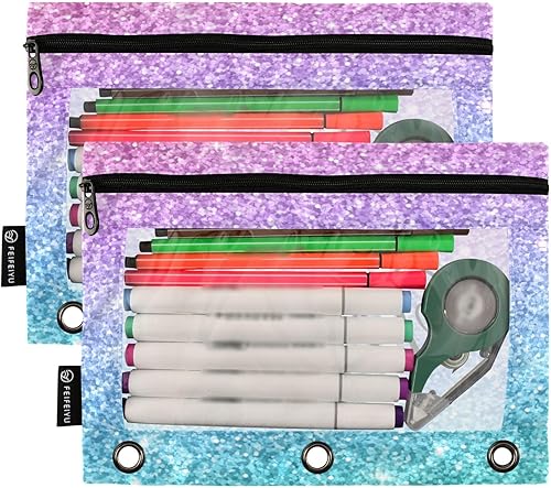 Miniatura 2 de Estuche para lápices de 3 anillas, color rosa y azul degradado con purpurina para lápices con cremallera, estuche transparente para lápices, bolsas