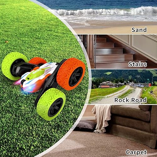 Miniatura 6 de REAPP Coche de control remoto para niños auto de acrobacias RC de 24 GHz 4WD con faros doble cara de 360 grados volteadores RC de juguete para niños