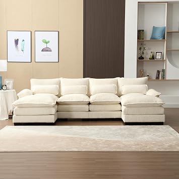 Lakifun Convertible Sectional Sofa, Chenille Fabric U Shaped Couch 4 Seat Sofa with Double Chaises for Living Room, Beige