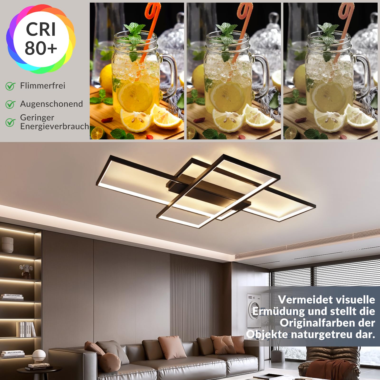 GBLY Deckenlampe LED Deckenleuchte Wohnzimmer 100cm Dimmbar Wohnzimmerlampe | 88W Schwarz Modern Rechteck Schlafzimmerlampe groß Geometrisch Schlafzimmer Büro Küche lampe Fernbedienung