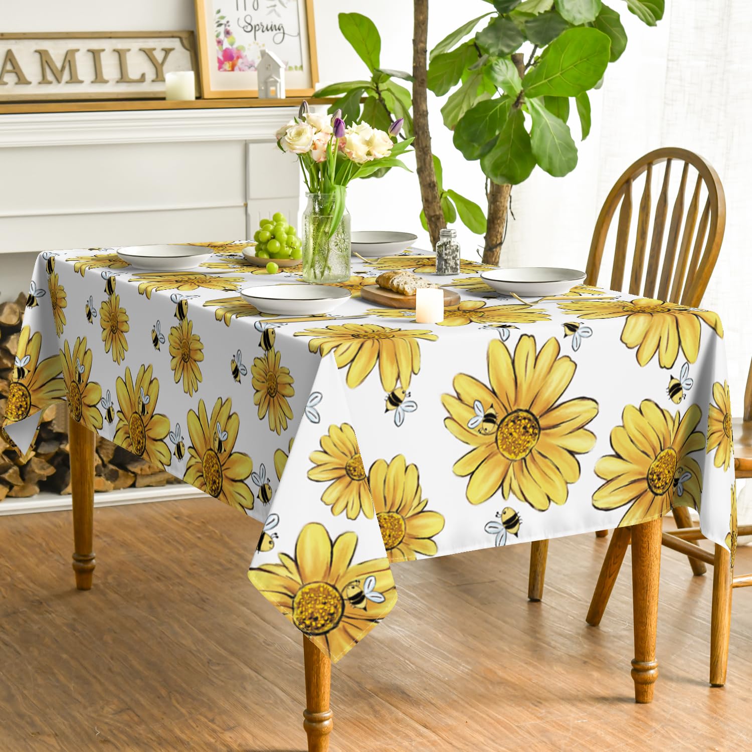 ldaily Mantel de Verano 132 x 178 cm, Amarillo Girasol abejorro Abeja Blanco otoño Lavable Cubierta de Mesa para decoración de Fiesta Picnic Cena