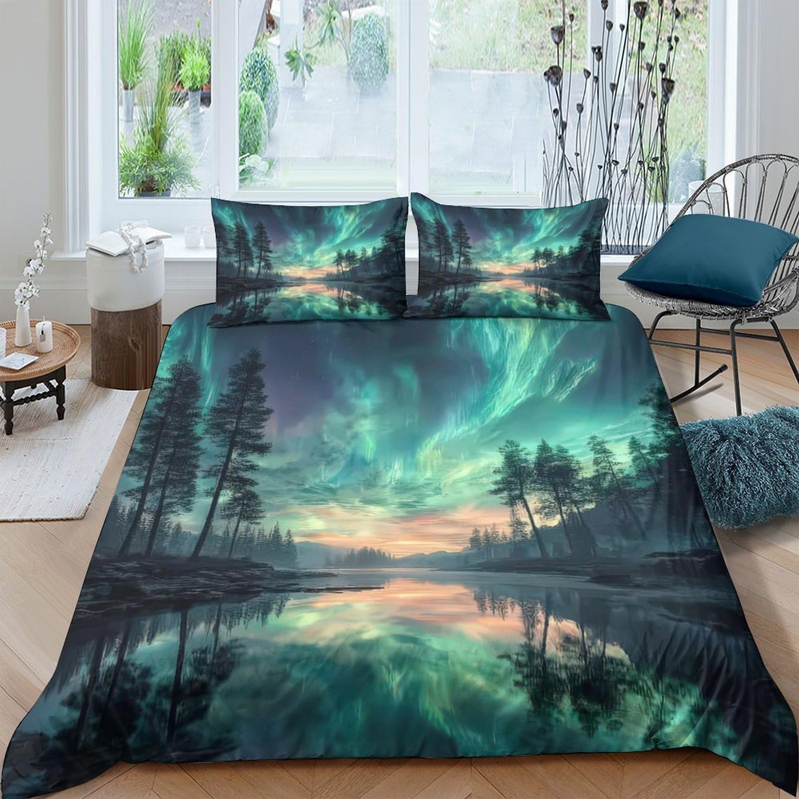 Ctjqhvkz Style-3 3D Printed Aurora Lake View Fitted Sheet Microfiber Soft Breathable Forest Reflection Mattress Cover For Bedroom Decor Single（135X200cm）
