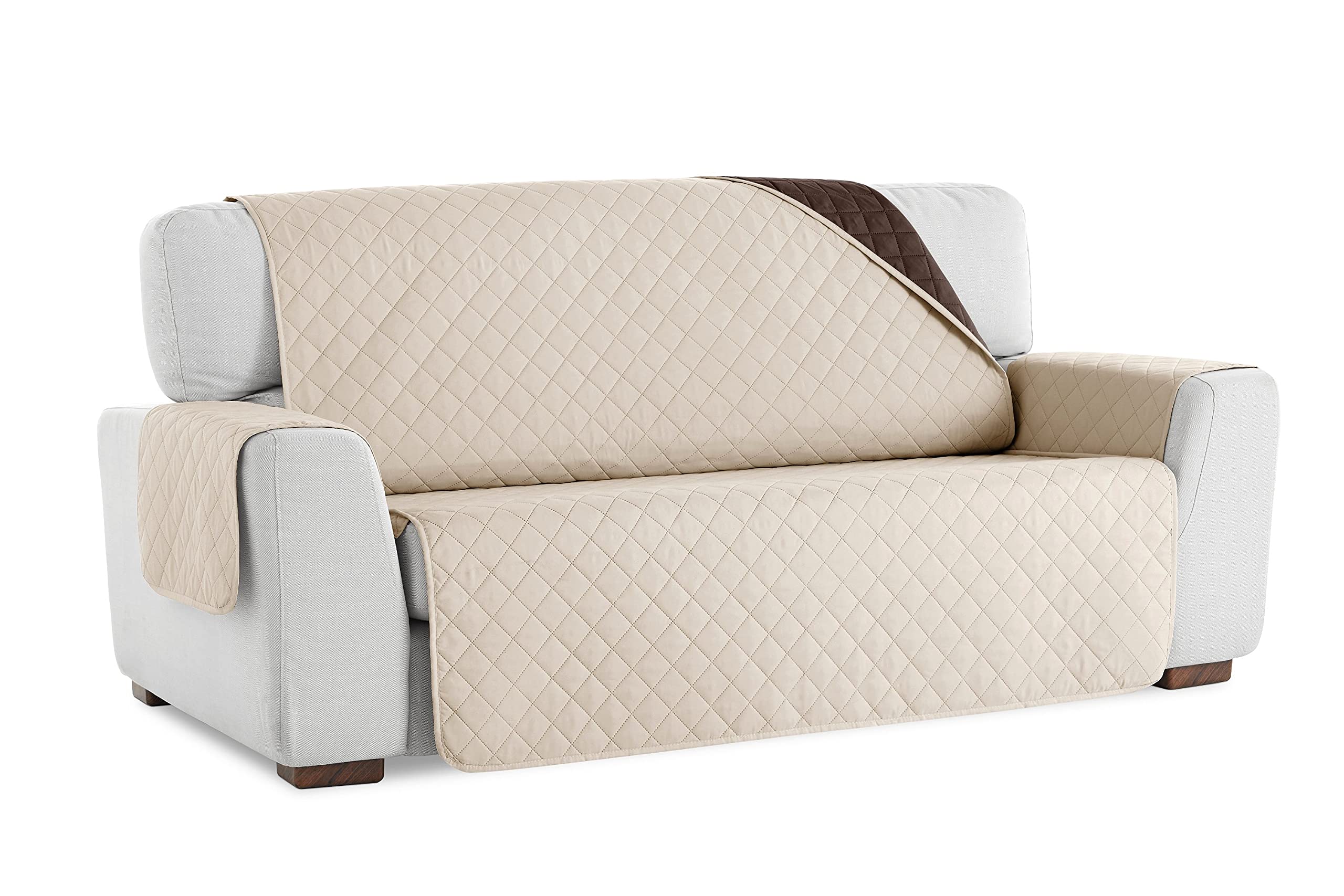 S & T Funda Cubre Sofá Reversible. Protector de Sofá Acolchado Antiácaros Fabricado en España Poliéster 100% (3 Plazas, Beige)