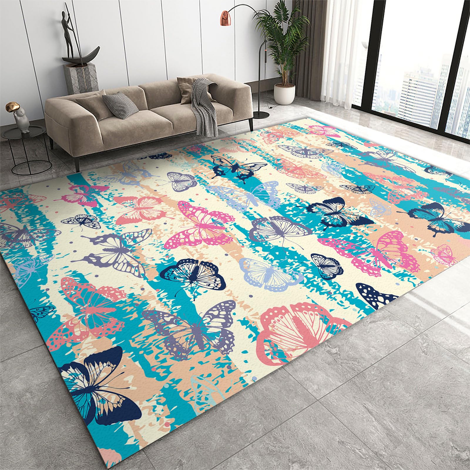 FIEMAR Area Rug 80x150cm Mid-Century Throw Rugs for Living Room, Butterfly Stripe Print Rugs for Bedroom Aesthetic, Printed Home Decor Area Rug Washable Non Slip Low Pile for Dorm Office Living Room