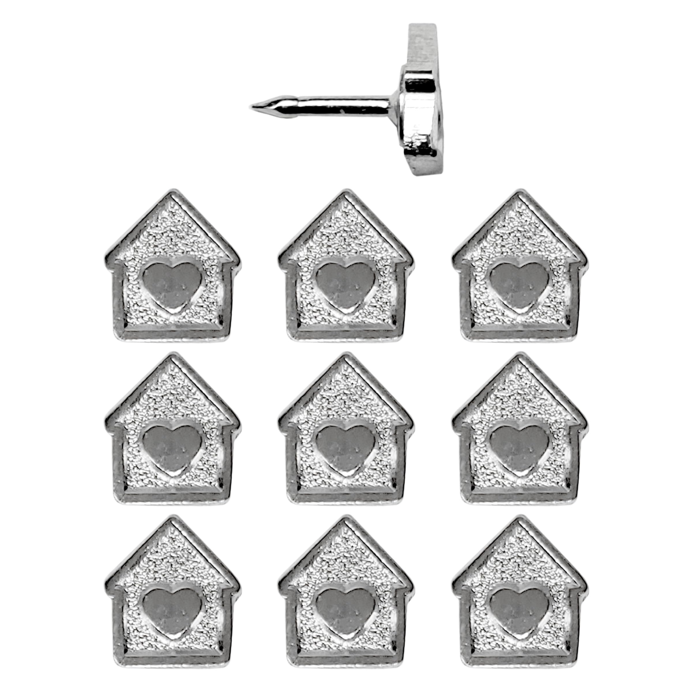 Mini House Push Pins - Silver House Pins - for Cork Board, Maps, or Lapel Pin Use - Designed in USA - Set of 10
