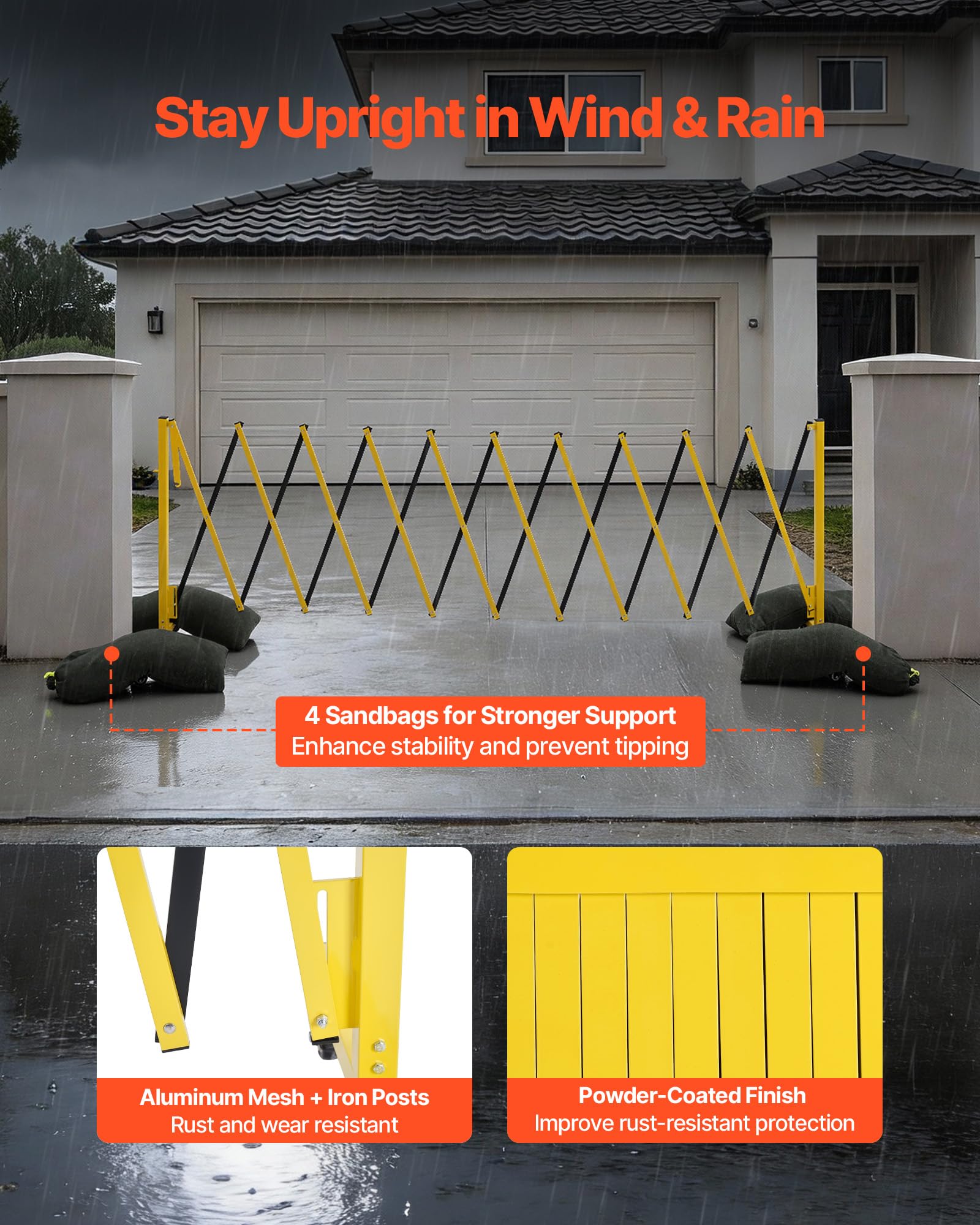 VEVOR Barricada Extensible de 3,94 m, Barrera de Seguridad Plegable con Rueda y Freno, Valla Metálica Portátil de Aleación de Aluminio, para Obra Construcción Control de Espacios, Color Negro Amarillo