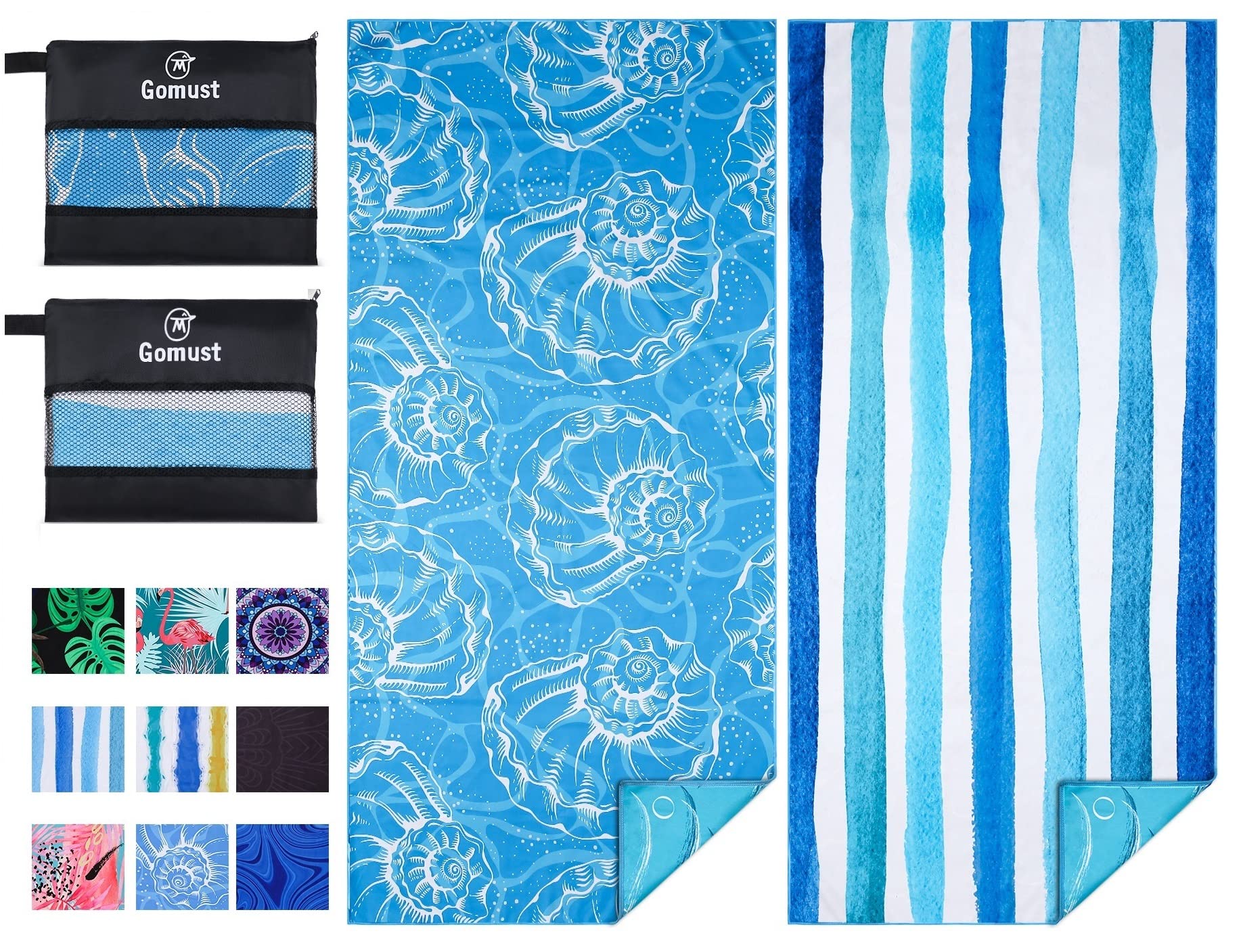 Gomust 2 Pack Beach Towel Oversized Microfiber Lightweight Sand Free Thin for Adult Quick Dry 71"x32" Travel Big Extra Large Accessories Vacation Camp Essential Multipack Blue Shell Stripe