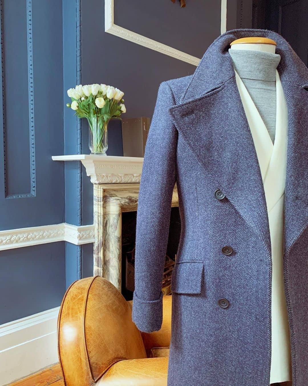 Men Herringbone Tweed Trench Coat Peak Lapel Double Breasted Long Jacket Winter Business