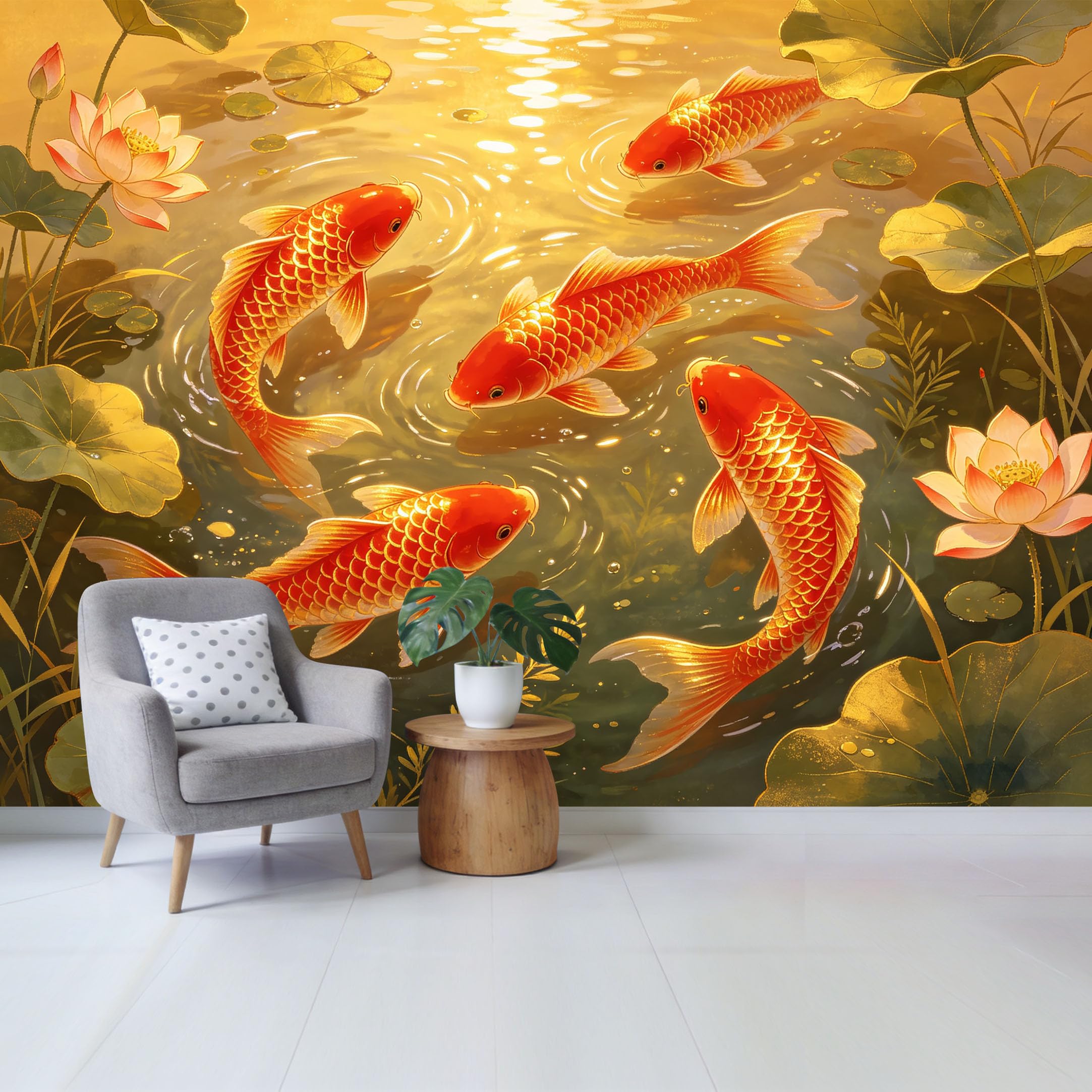 Qzlithotic Yq2605250176 Custom Size Wall Mural Golden Koi Fish Swimming Pond Botanical Watercolor Art Selfadhesive Wall Fabric Removable Wallpaper For Home Office Decor