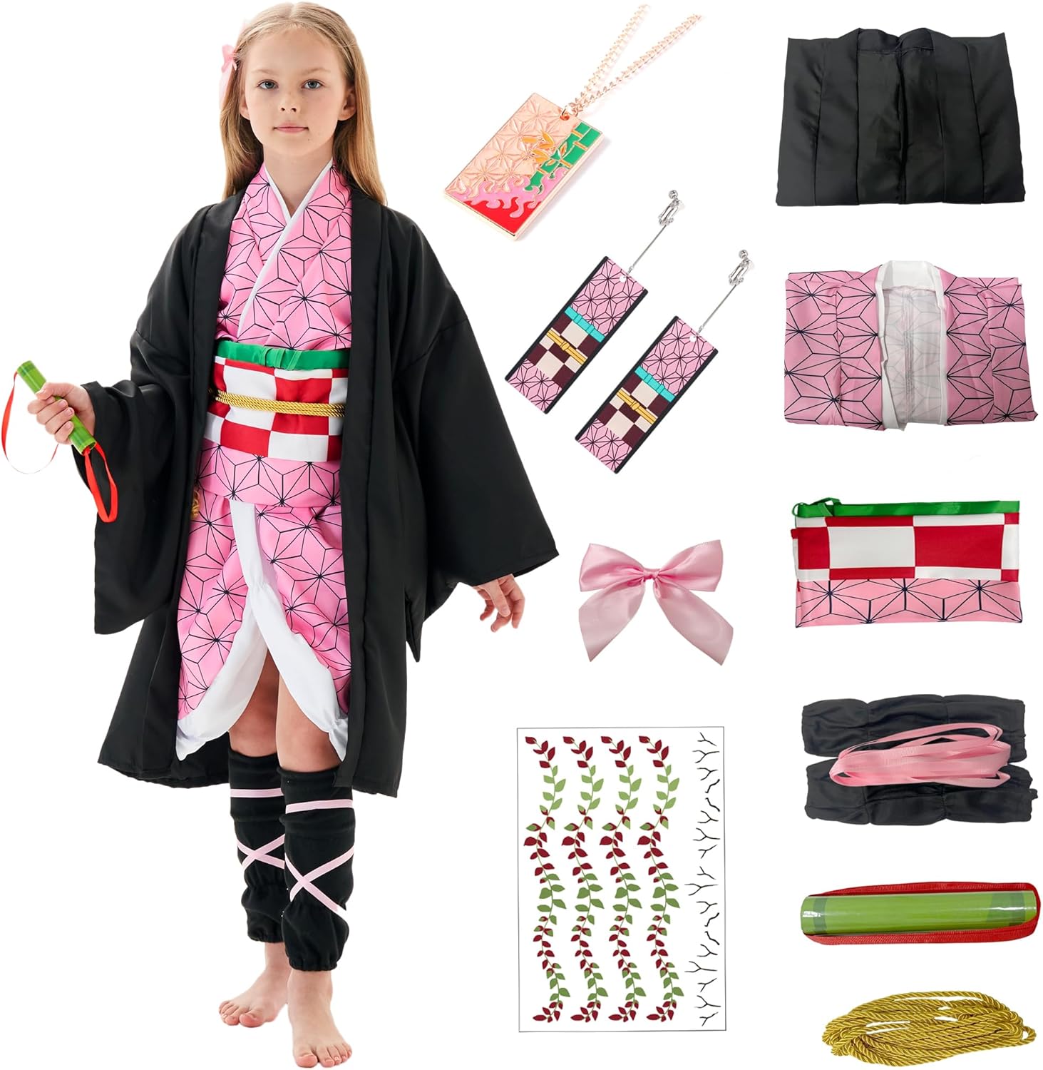 Women Kimono Costume Girls Kamado Cosplay Costumes Cloak Outfits Set Halloween Pink Uniform with Accessories Kids 120 Pink