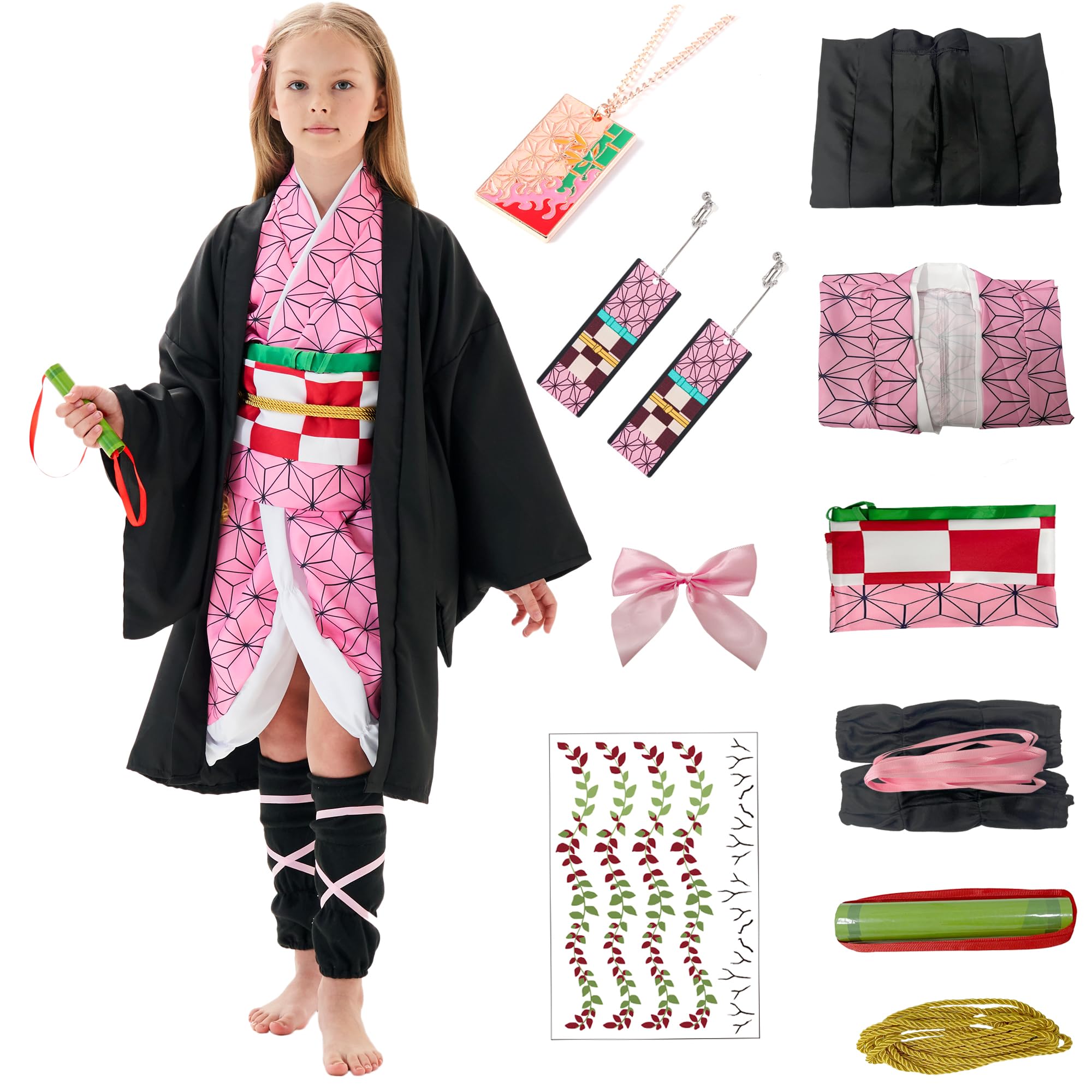 Arekcosy Anime Kimono Cosplay Costume Set Pink Cloak Outfit Halloween Dress Up with Matching Accessories (Kids-150)