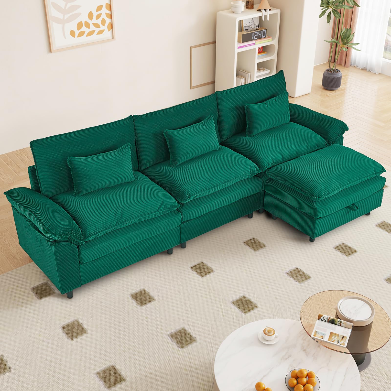 saows L Shaped Modular Sectional Sofa, 119" Corduroy Cloud Sectional Couch with Movable Storage Ottoman, Modern Oversized 3 Seater Upholstered Sofa