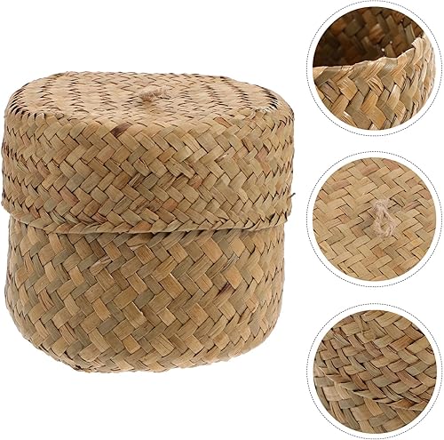 Miniatura 5 de STOBAZA Cesta pequeña de mimbre con tapa, cesta de flores tejida a mano, cesta de almacenamiento de hierba marina, mini caja de embalaje de regalo