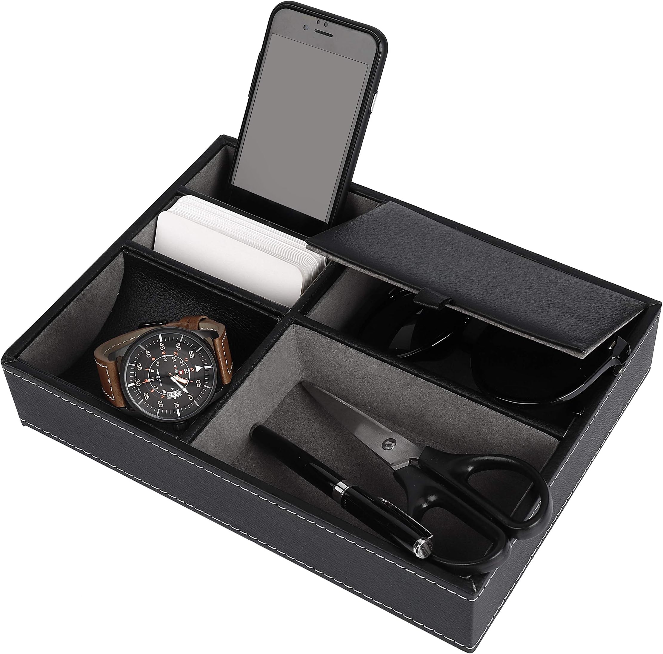 ISIYINER Valet Tray Faux Leather Nightstand Organizer for Men, Desk or Dresser Top Storage Box Holder for Jewelry Keys Phone Wallet Watch etc.