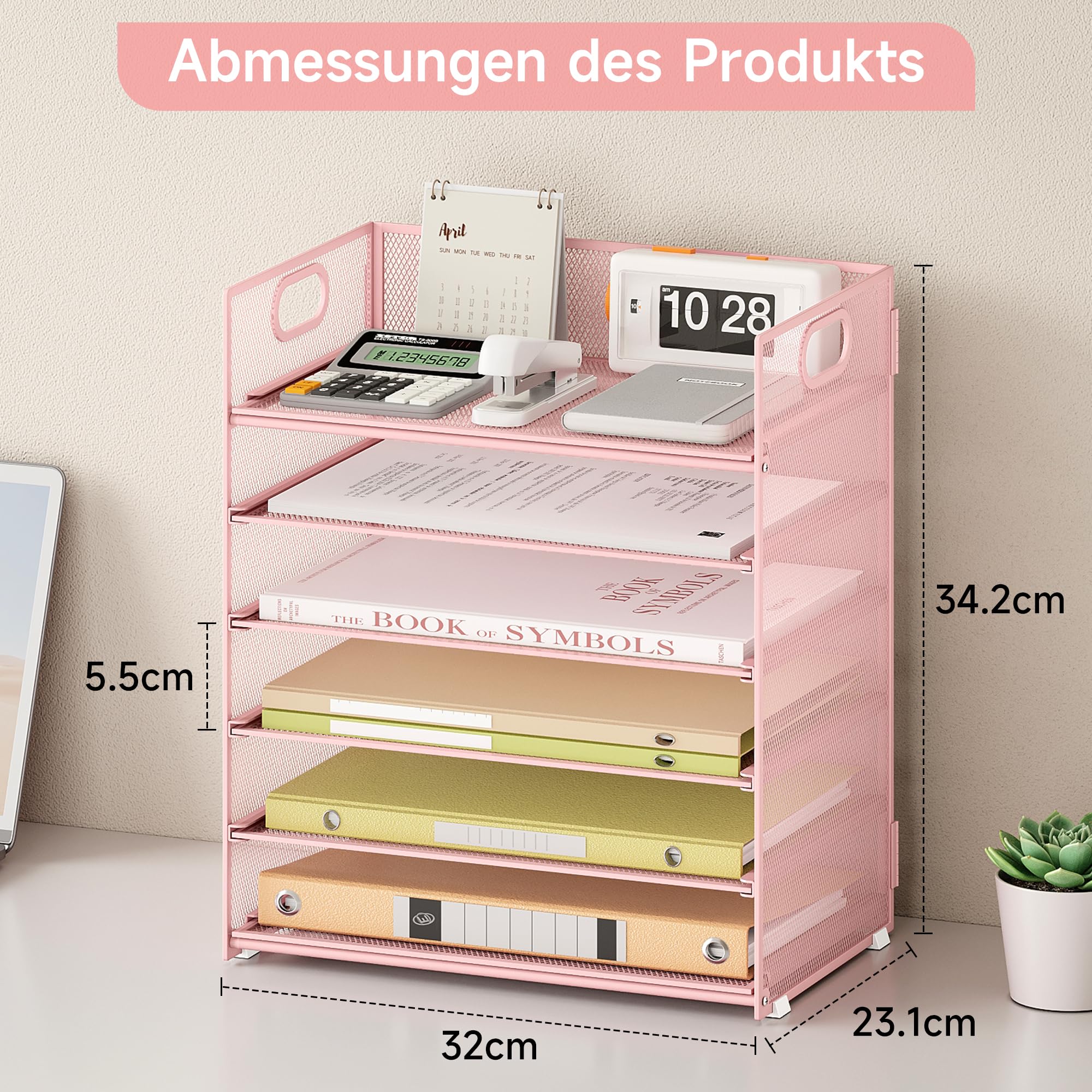 VITVITI Schreibtisch Organizer, 6 Ebenen Briefablage, Stapelbare Aktenhalter, Ablagefächer mit Griff, Bürobedarf für A4 Dokumentenablag, Papier, Buch, Magazin (Rosa)