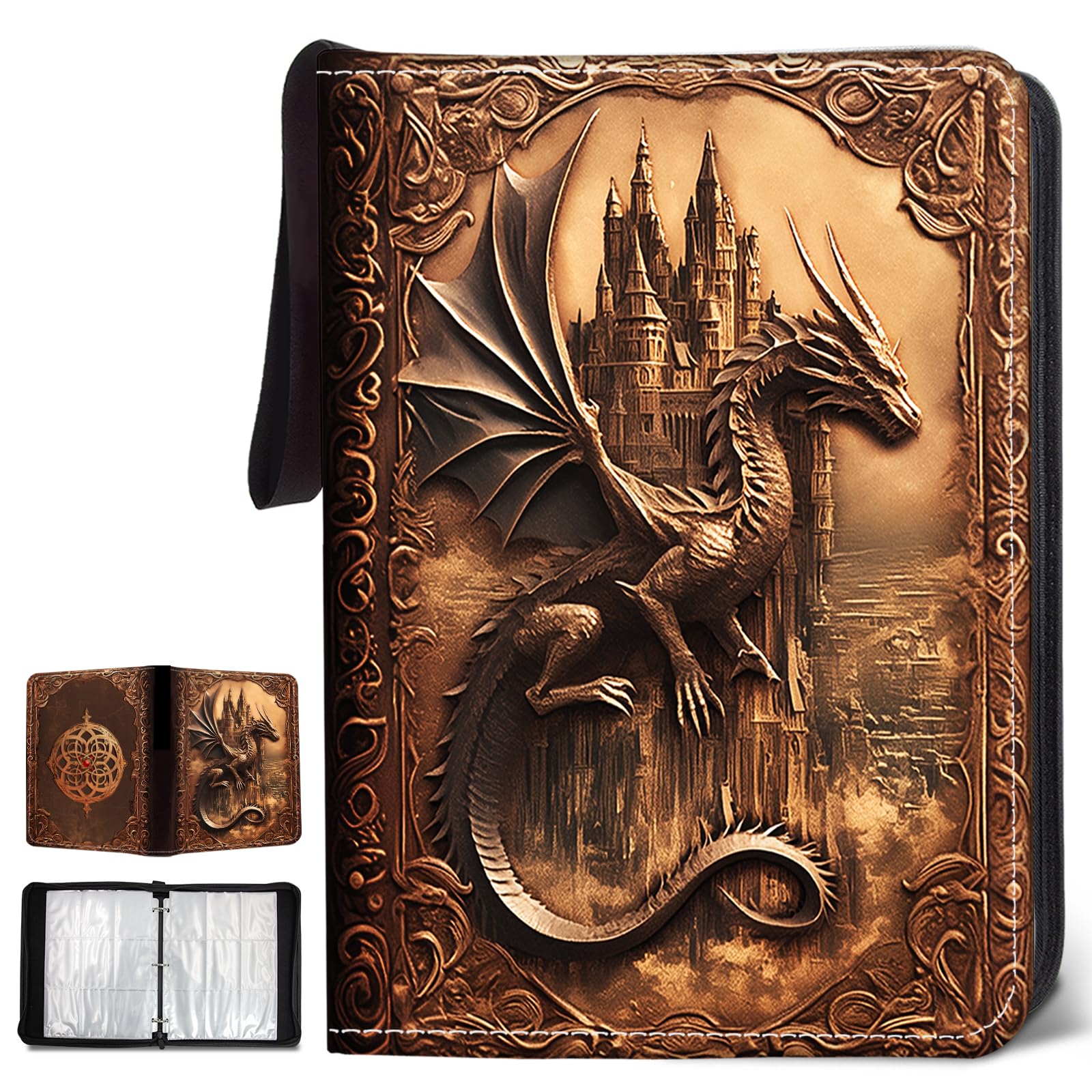 Wazzio Album per carte collezionabili da 900 tasche, raccoglitore per carte con 50 pagine resistenti a 9 tasche, regali di compleanno per la festa del papà, design retrò con drago su confezioni di
