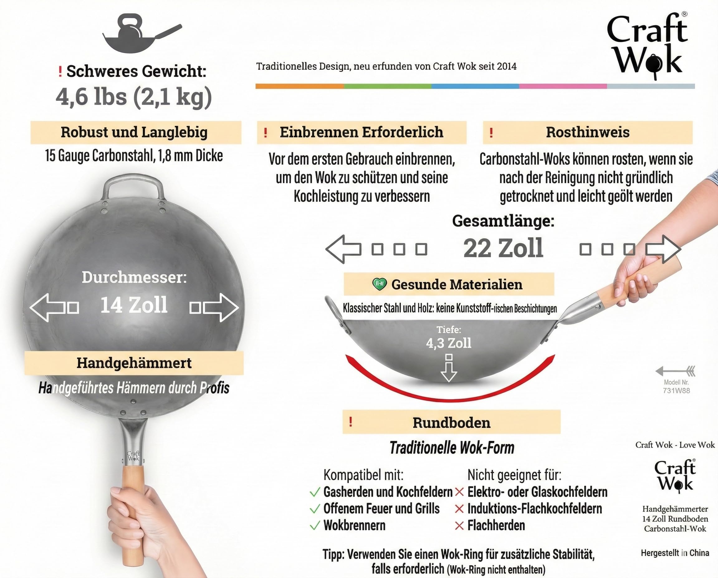 Craft Wok Traditioneller handgehämmerter Wok aus Karbonstahl mit Griff aus Holz und Stahl (Durchmesser 35,6 cm, Rundboden)/731W88
