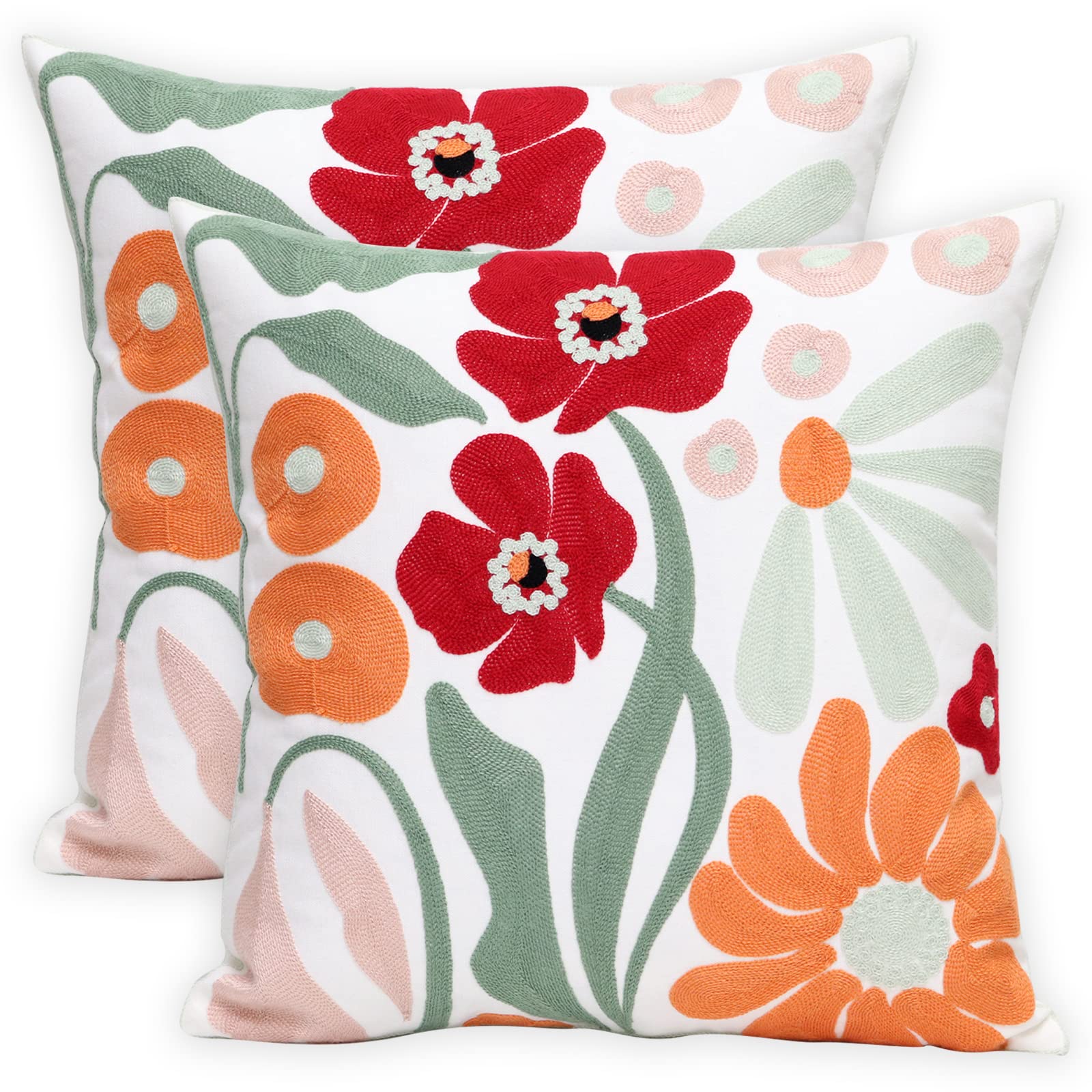Pilmandu Romantic Flower Set Of 2 Embroidered Decorative Throw Pillow Covers 45X45cm Couch Square Pillowcases Cushion For Bedroom Sofa Farmhouse Decor (Romantic Flower)