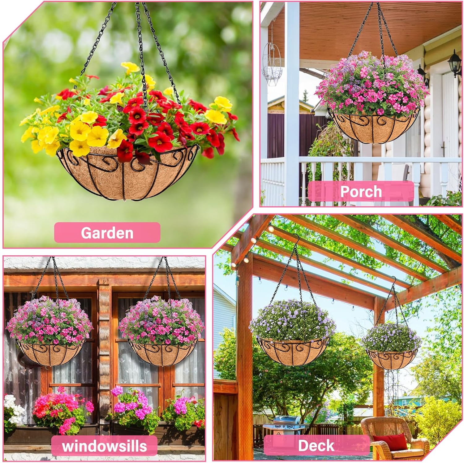 Legigo 6 Pack 14 Inch Metal Hanging Baskets for Plants Outdoor- Round Wire Hanging Planters Basket with Coconut Coir Liner, Hanging Flower Pot for Outdoor Plants Flowers Garden Decorations
