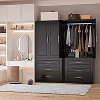 Vista 2 de Armario de metal de 71 pulgadas de alto con tres cajones, armario grande con barra para colgar, armario de almacenamiento de ropa con puertas y Negro