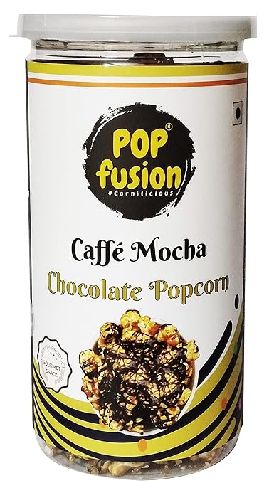 Popfusion Gourmet Flavoured Popcorn - Caff Mocha Chocolate, Gluten free and Low Fat Snacks with Airtight Glass Jar - 150gms