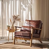 VINGLI Mid-Century Modern Accent Chair, Solid Wood Frame with Wide Armrests, PU Leather Upholstered Reading Chair, Dark Brown Lumbar Pillow