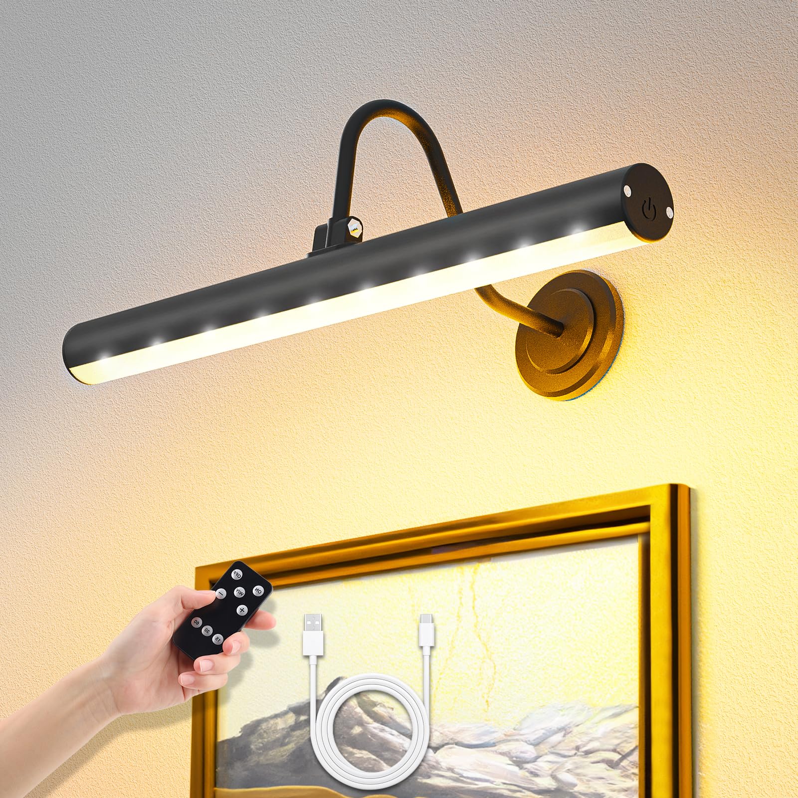 JOFIOS Battery Operated Black Wireless Picture Light - Remote Control, Adjustable Brightness, and Color Temperature - Illuminate Paintings, Photographs, and Wall Art with Style.