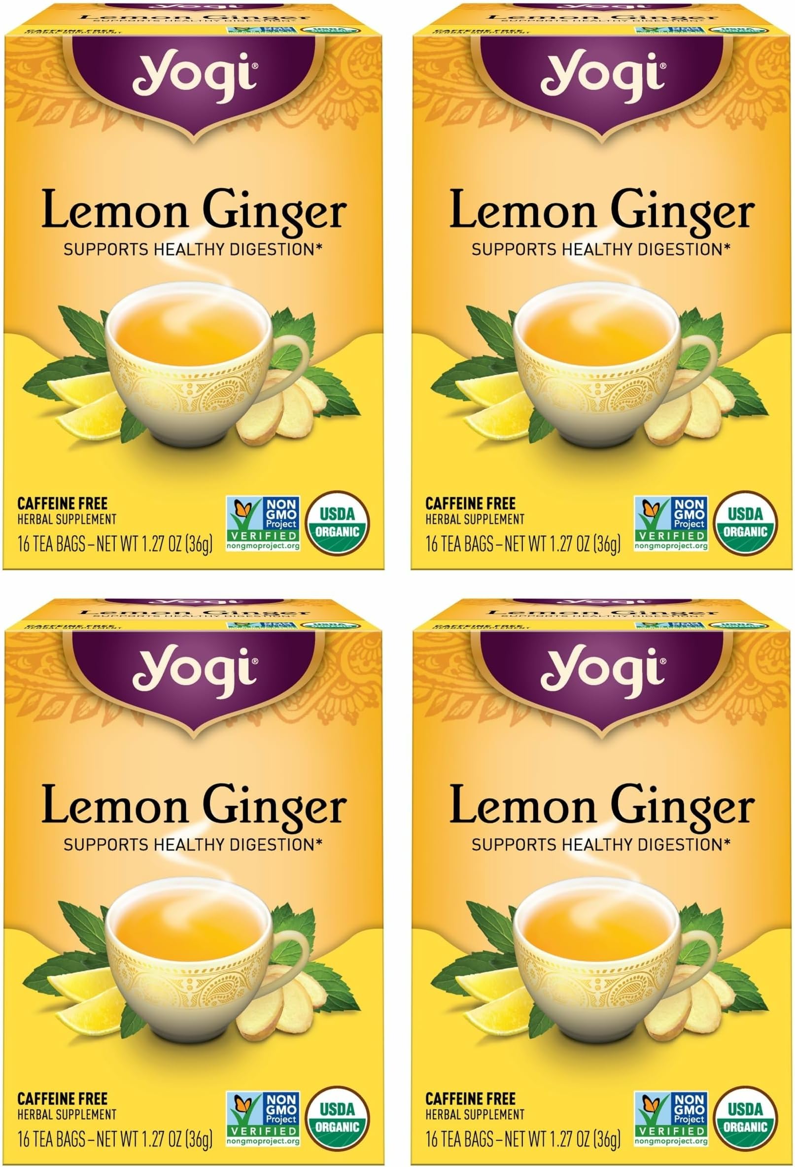 Yogi Tea Lemon Ginger - 16 Bags per Pack (4 Packs) - Organic Ginger Root Tea to Support Healthy Digestion - Includes Lemongrass, Lemon Flavor, Licorice Root, Lemon Peel & More