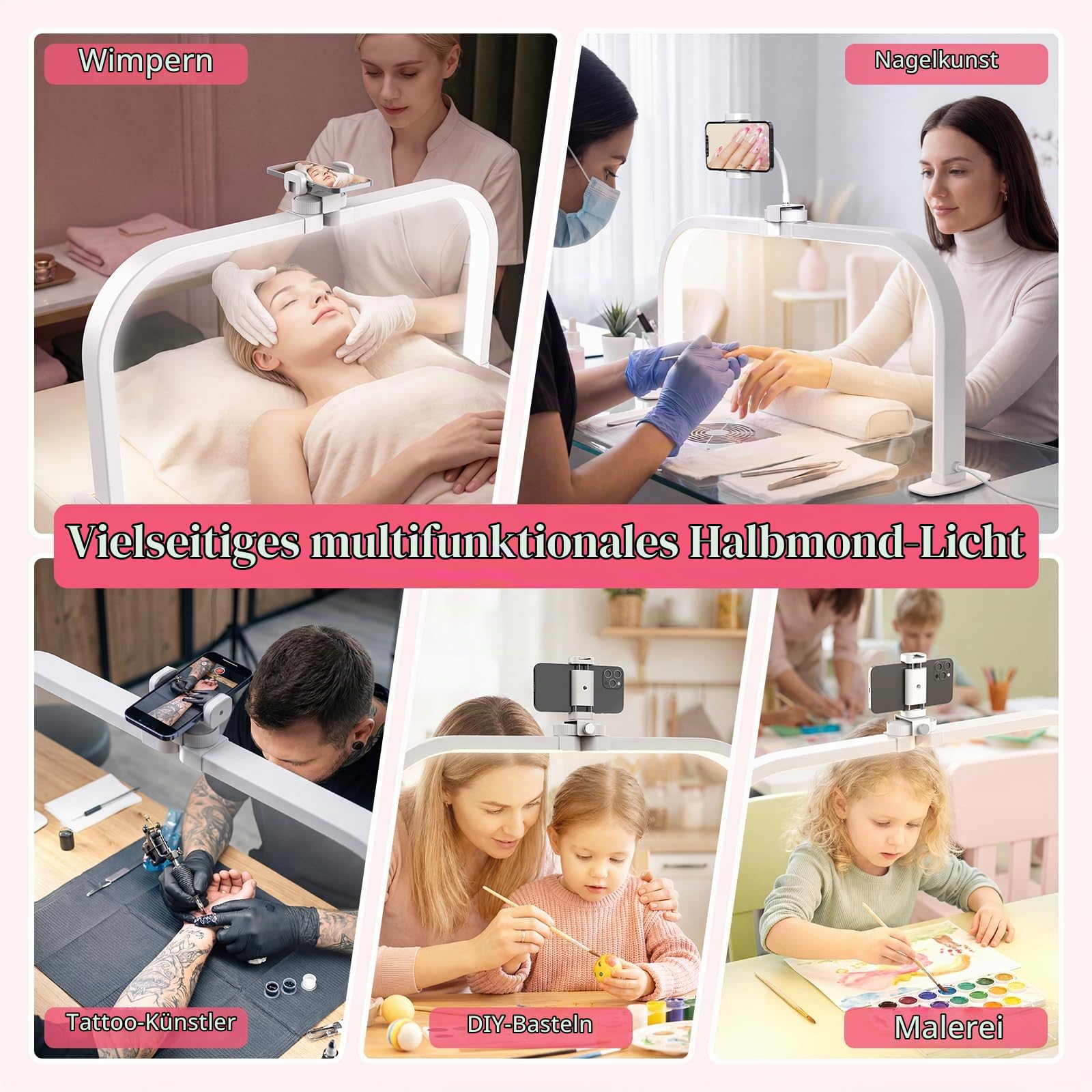Desktop Halbmond Lampe Nägel: 29in Halbmond Lampe für Anfänger - 3 Farbmodi und 10 Helligkeitsstufen Nagel Tischlampe für Salon - 40W LED Halbmond Wimpern Lampe für Kosmetik/Tattoo - Weiß