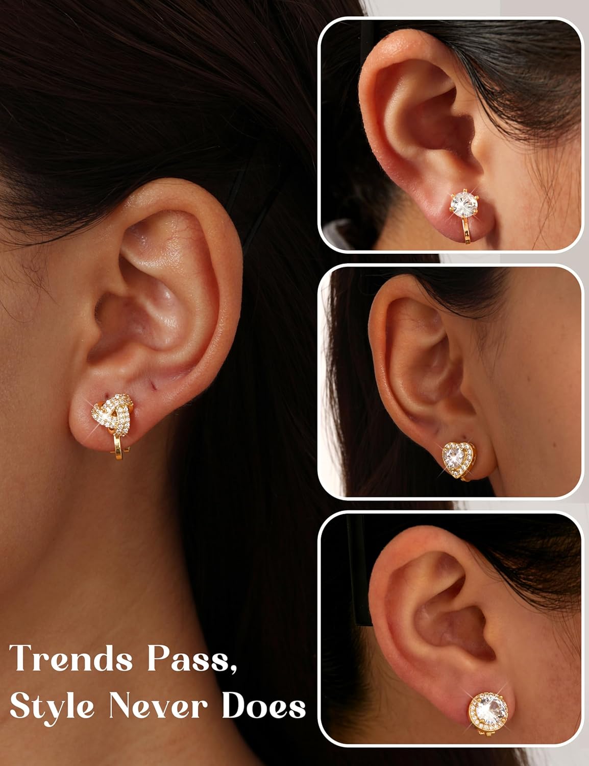 BESTEEL Clip on Earrings Women - Hypoallergenic Non Pierced Earrings Small Cubic Zirconia Flower Heart Square Twist Knot Fake Earring Set Wedding Dance Gift - Image 3