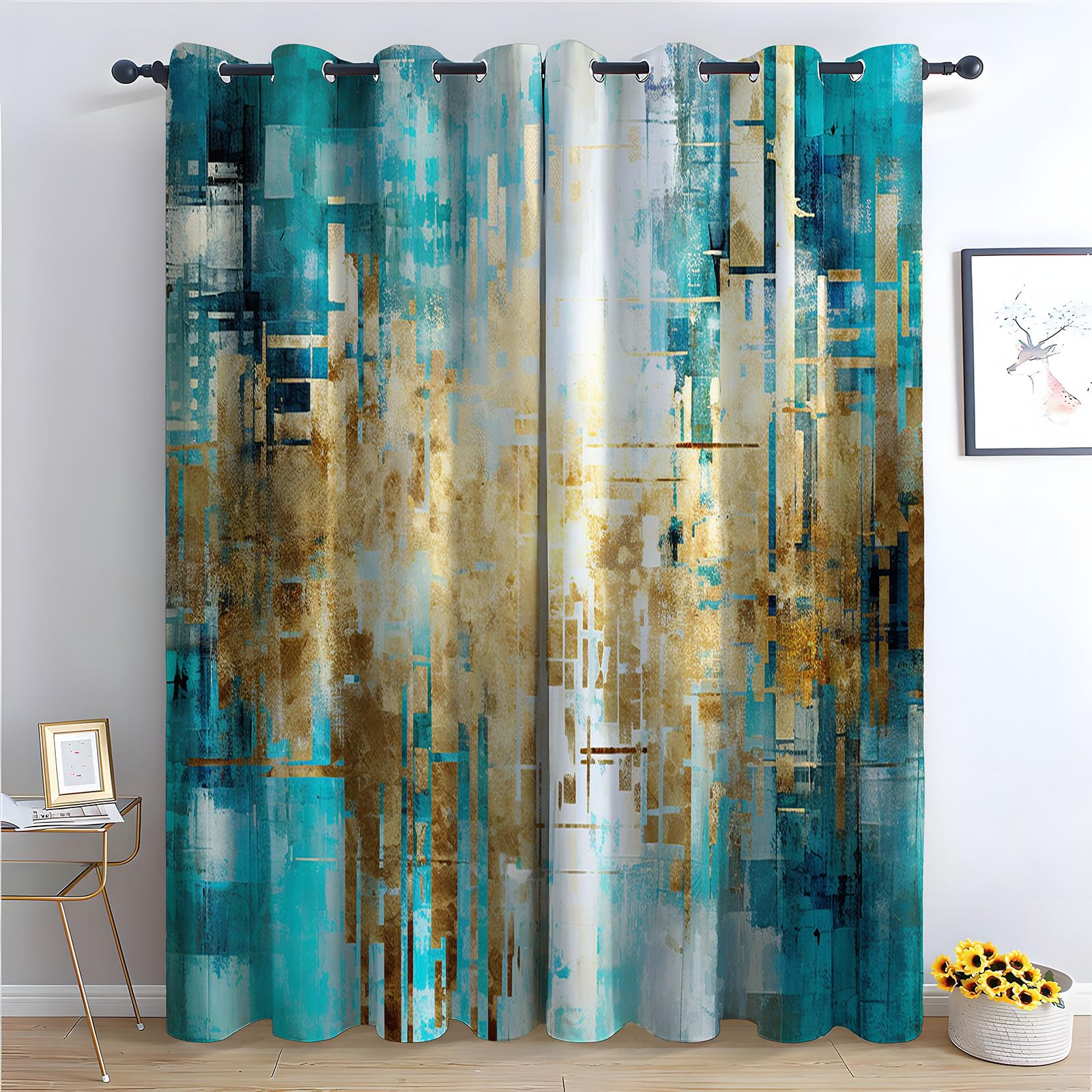 WQBQKKX Abstract Line Curtains for Living Room Bedroom Minimalist Black out Curtains Watercolor Botanical Flower Print Pattern Window Drapes for Bedroom-52 W x 96" L (Pack of 2)