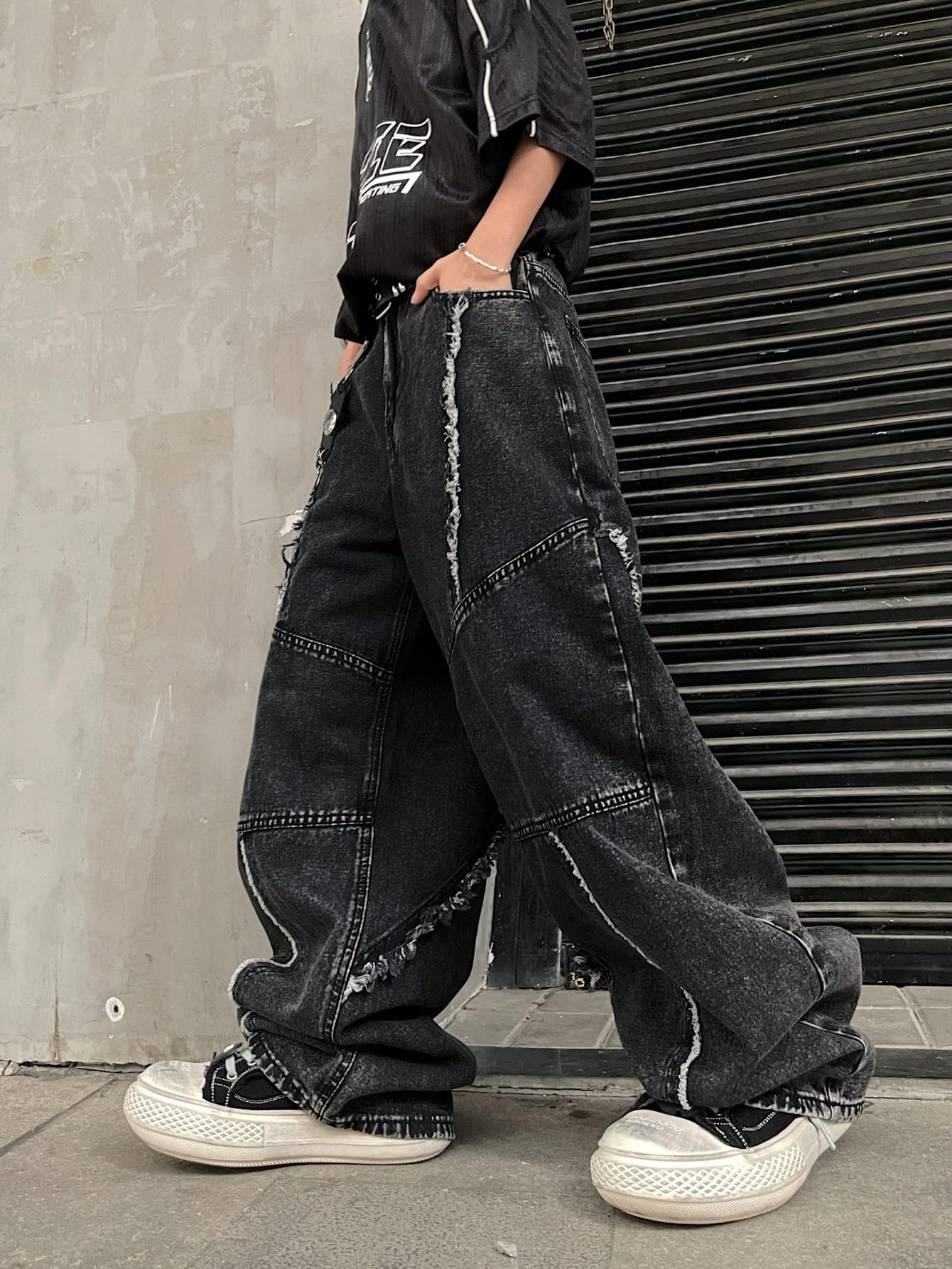 Baggy Jeans da uomo vintage look usato Y2K jeans con orlo francese, vestibilità larga, hip hop streetwear