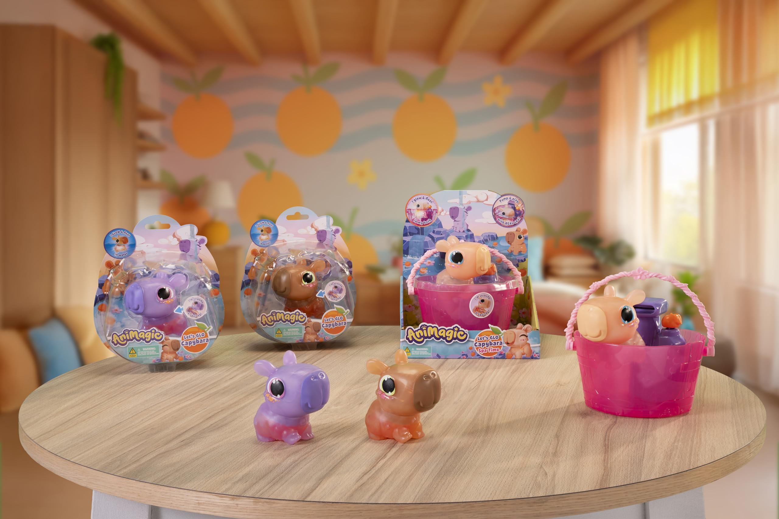 Animagic – Let’s Glo CAPIBARA Spa Time – Juguete Interactivo y Sensorial Luminoso para Niños a partir de 4 Años – Animal Flexible y Estirable: que Brilla en el Agua – Con Accesorios de Spa – Marrón
