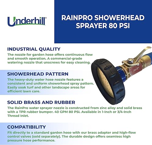 Miniatura 3 de Underhill Boquilla de manguera de agua para jardín, rociador de cabezal de ducha, 40 GPM 80 PSI, entrada de rosca de 34 pulgadas, accesorio de alta