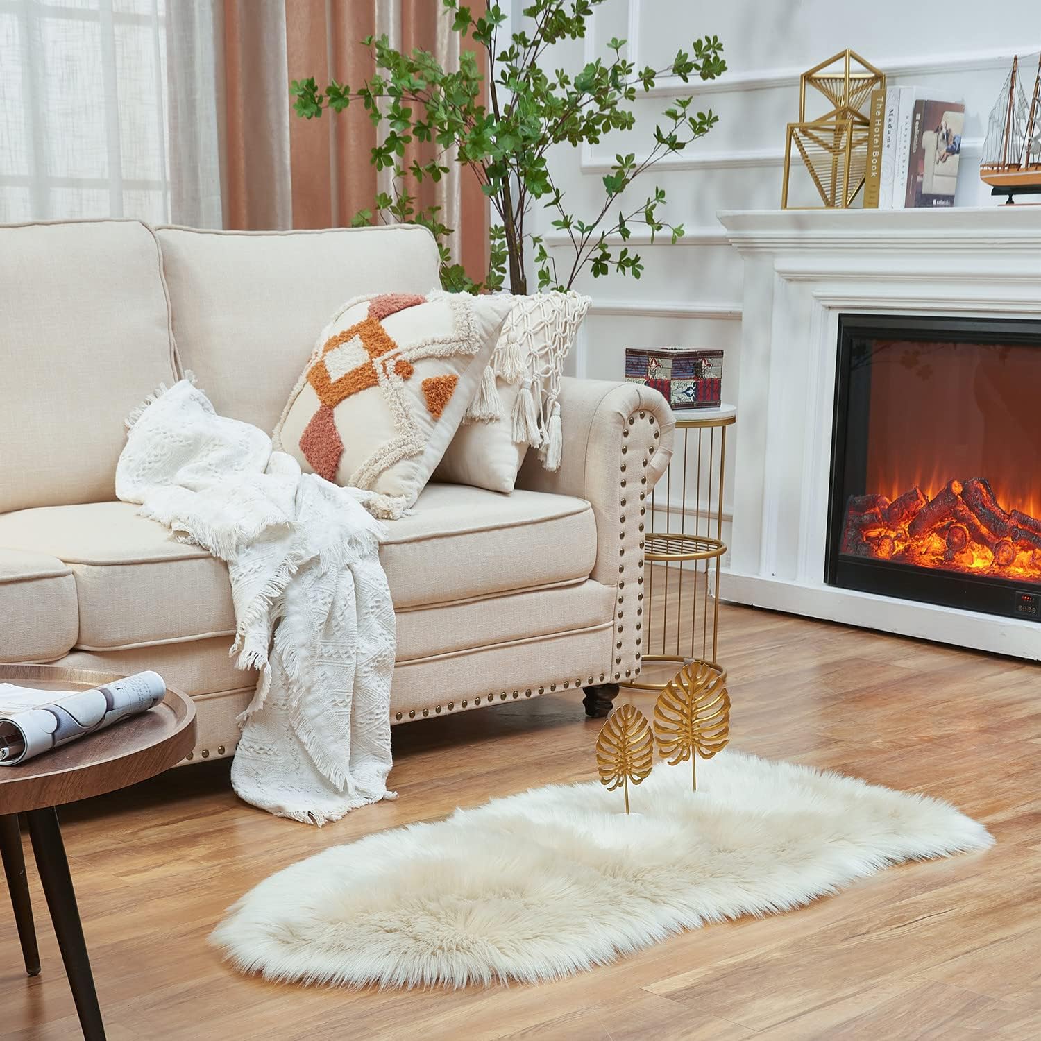 EasyJoy Ultra Soft Fluffy Shaggy Area Rug Faux Fur Rug Chair Cover Seat Pad Fuzzy Area Rug for Bedroom Floor Sofa Living Room (2 x 4 ft Sheepskin, Beige) Beige 2' x 4' (Sheepskin)