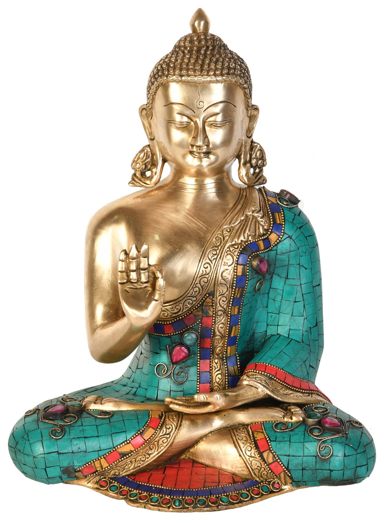 Statue de Bouddha en vitarka mudra : laiton ciselé d'art tibétain