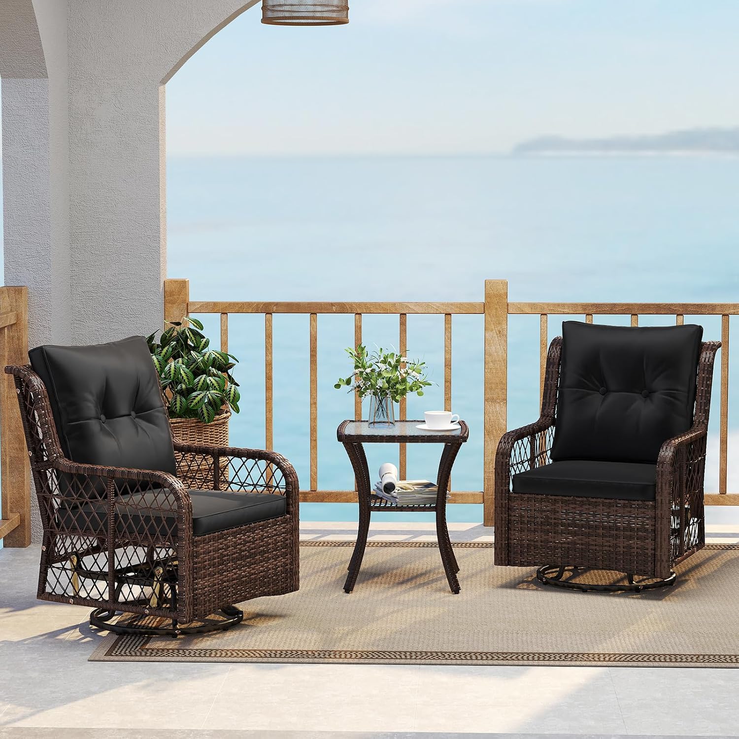 KOTEK 3 Piece Patio Swivel Rocker Set, Outdoor 360° Swivel Rocking Chairs with Side Table & Cushions, Wicker Bistro Set for Porch Backyard Balcony Deck (Black)