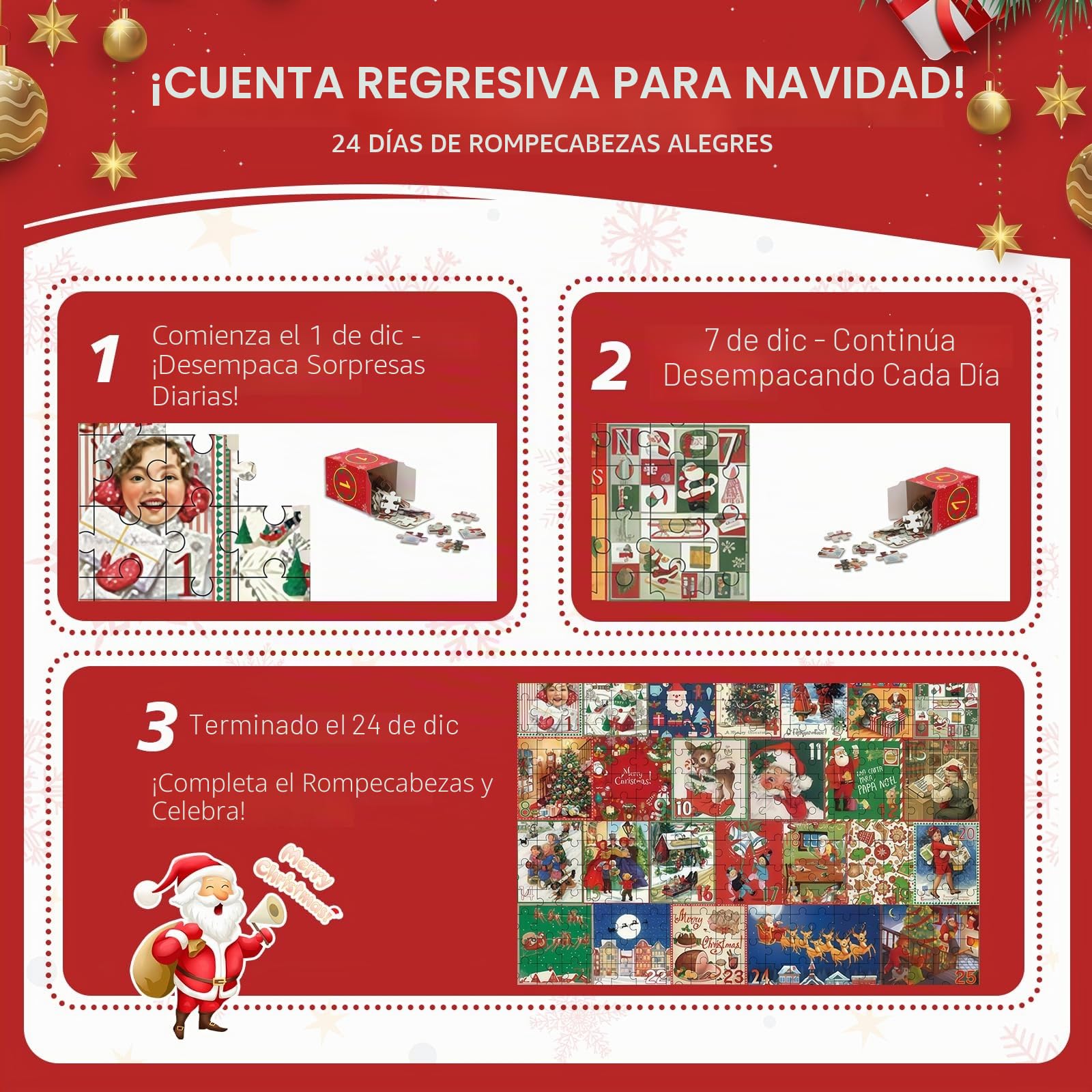 Calendario Adviento, Puzzle Navidad 1000 Piezas con 24 Cajas Sorpresa - Juego Interactivo Calendario Adviento Educativo y Divertido para Niños y Niñas Como Regalo Familiar
