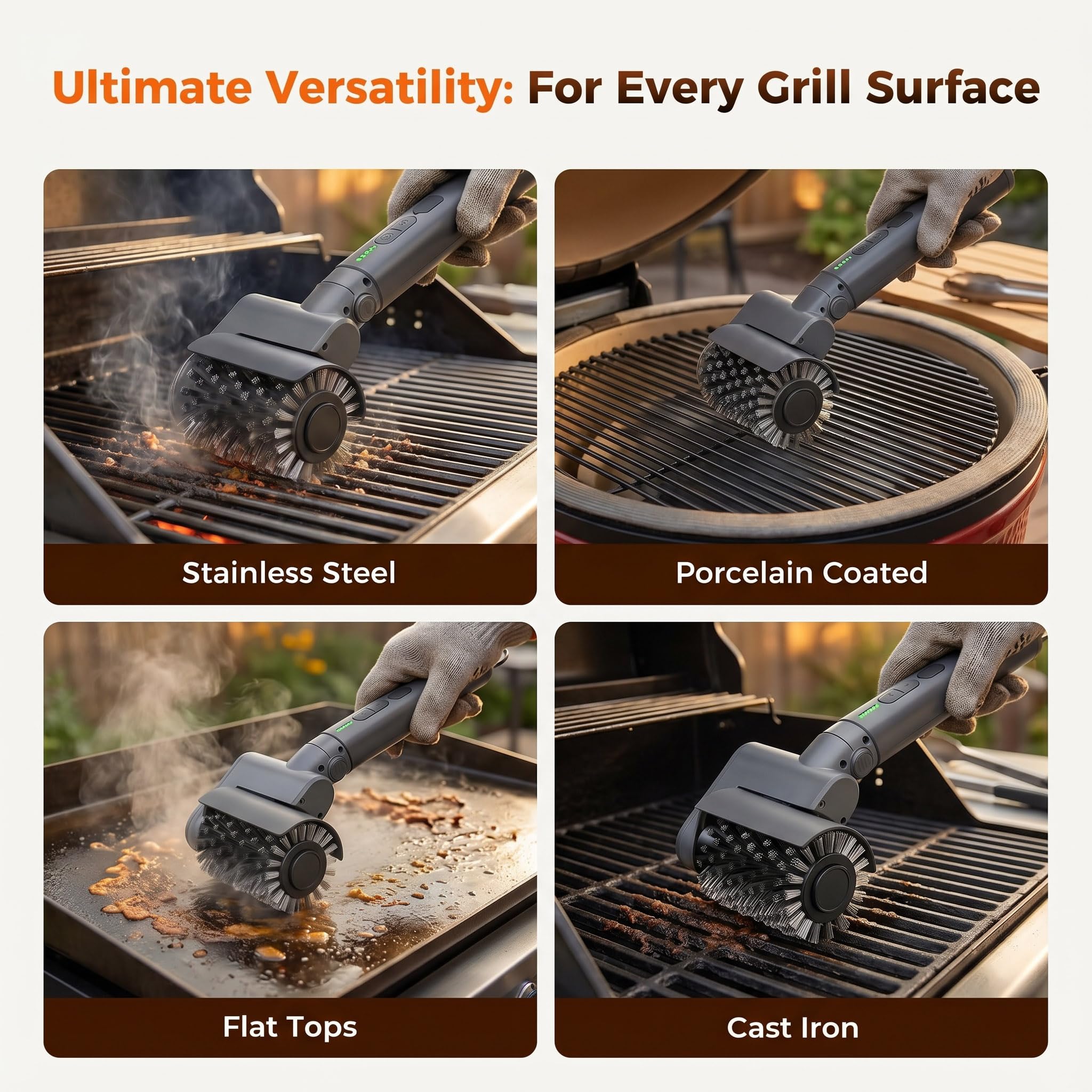 Kit 3 in 1 con spazzola elettrica per barbecue, senza fili, con setole metalliche rinforzate sicure, durata di 2 ore, impermeabile e lavabile in lavastoviglie, spazzole rimovibili per una pulizia