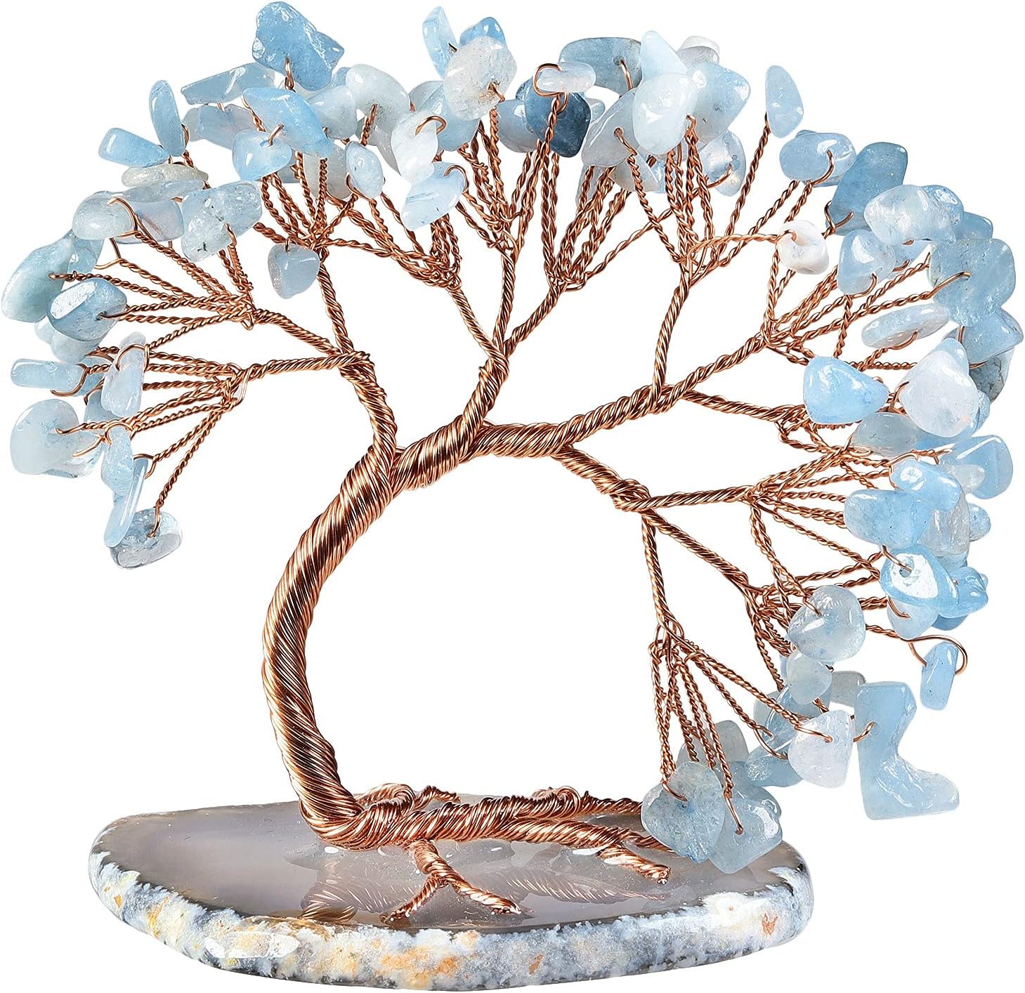 TUMBEELLUWA Reiki Crystal Money Tree with Agate Slice Base Feng Shui Stone Bonsai Tree Figure Decor for Happiness Good Luck and Wealth, Aquamarine