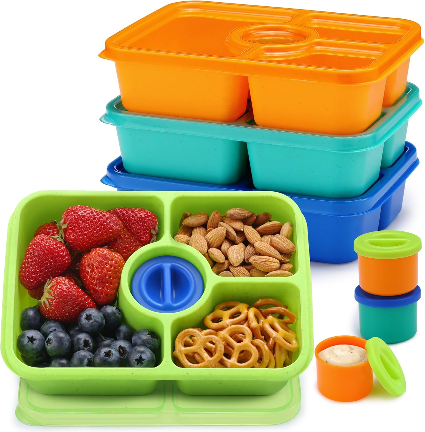 Bento Snack Box Containers, Meal Prep Container Reusable for Kids, Stackable Bento Box Adult 4 Pack, Divided Food Storage Containers with Clear Lids, Sauce Container, Bright Colors Bento Snack Box Containers, Meal Prep Container Reusable for Kids, Stackable Bento Box Adult 4 Pack, Divided Food Storage Containers with Clear Lids, Sauce Container, Bright Colors