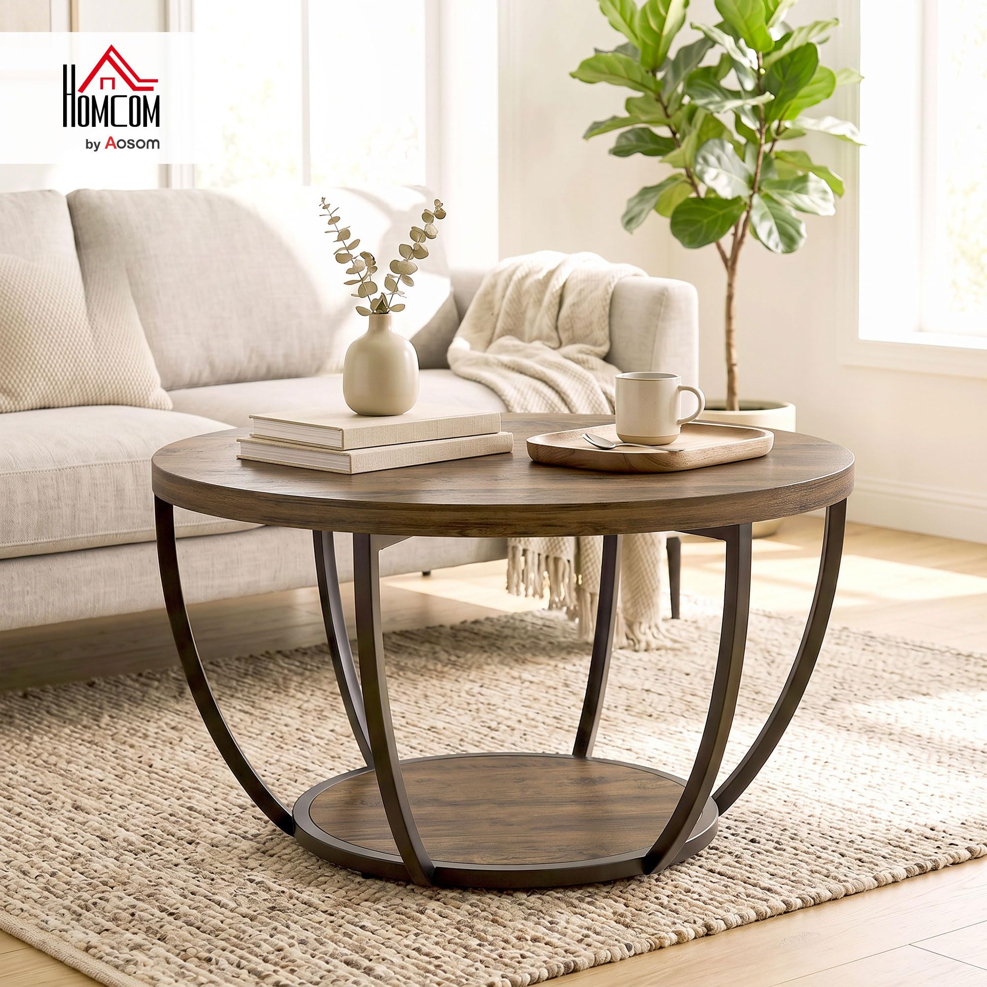 HOMCOM Couchtisch Rund mit Stauraum, 2 Ebenen, 80 x 80 x 43,8 cm Braun