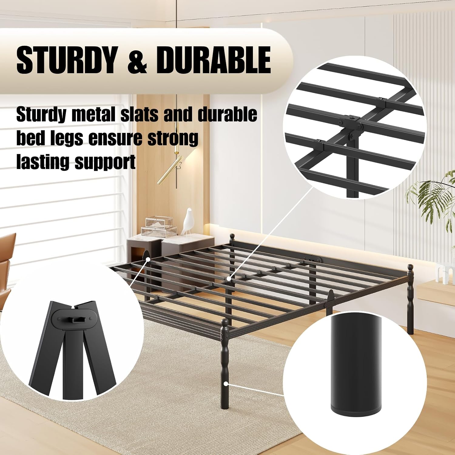 18 Inch King Metal Bed Frame with Mattress Slide Stopper, King Size Platform Bed Frames No Box Spring Needed, Heavy Duty Bedframe, Easy Assembly, Noise Free