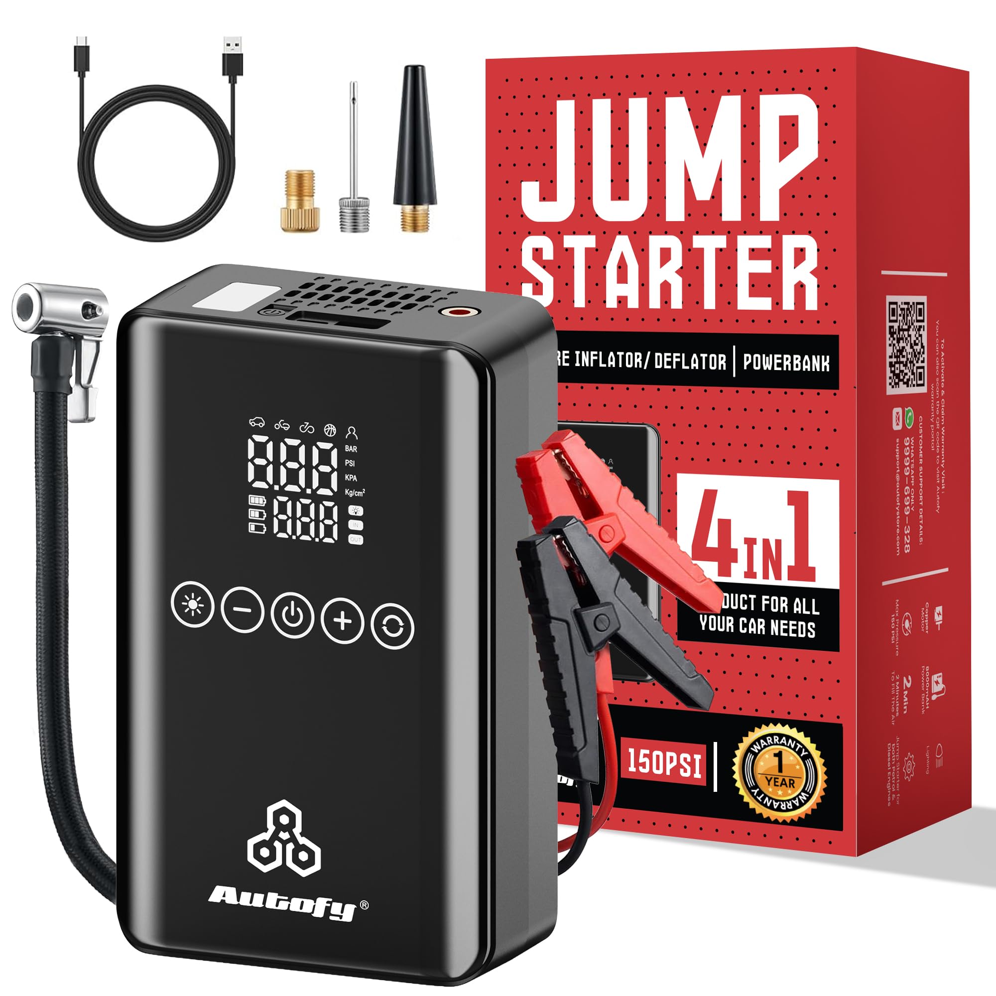 Autofy [SEP 2025 New Launch] 3-in-1 Jump Starter for Car Battery for All Cars (Up to 6000cc) 8000mAh Battery 150 PSI Tyre Inflator for Car and Bike LED Light Air Compressor Mobile Power Bank-image-17