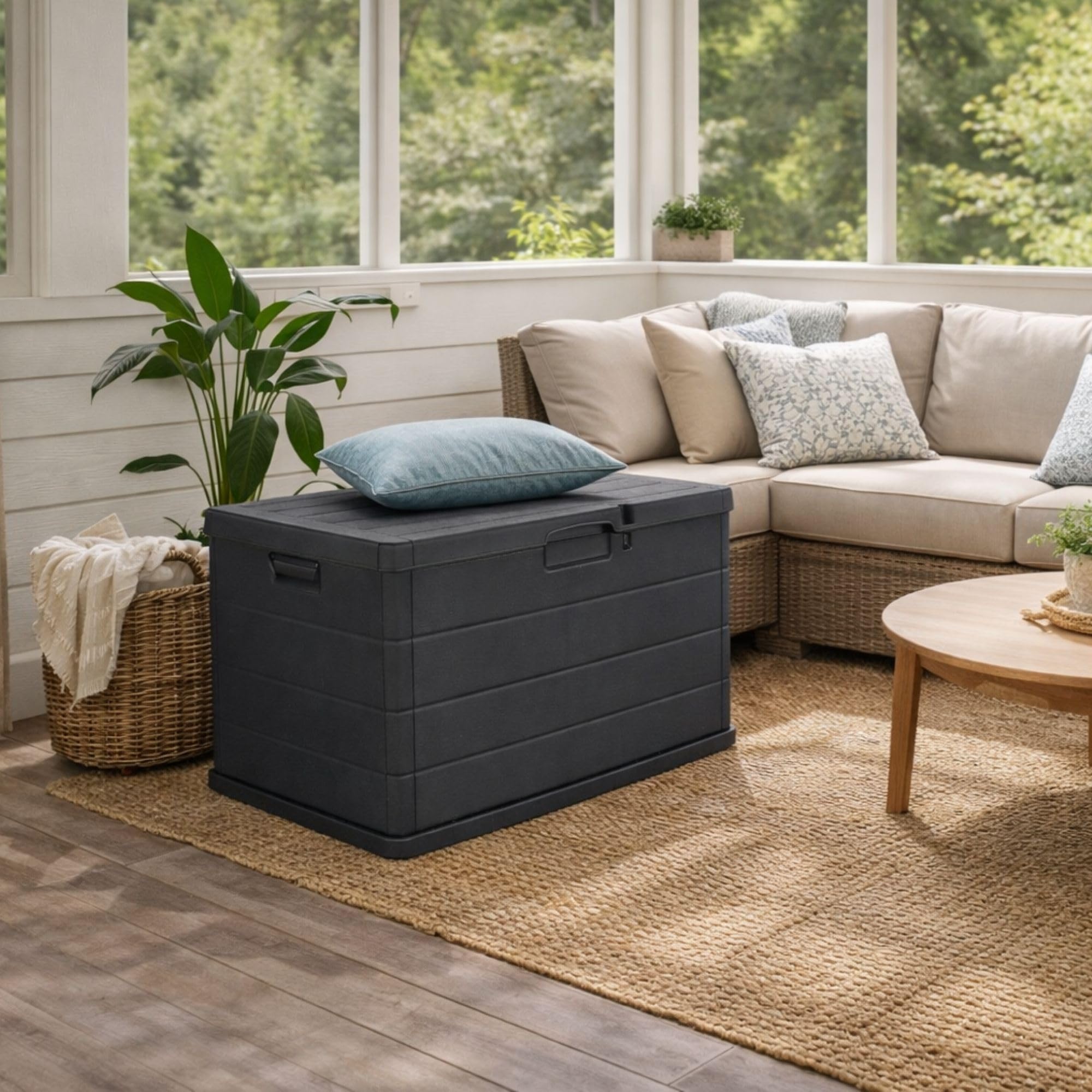 Maury's Baule Cassapanca 170 Litri Effetto Legno, Contenitore Stoccaggio in Resina Antracite 78x55x52 cm