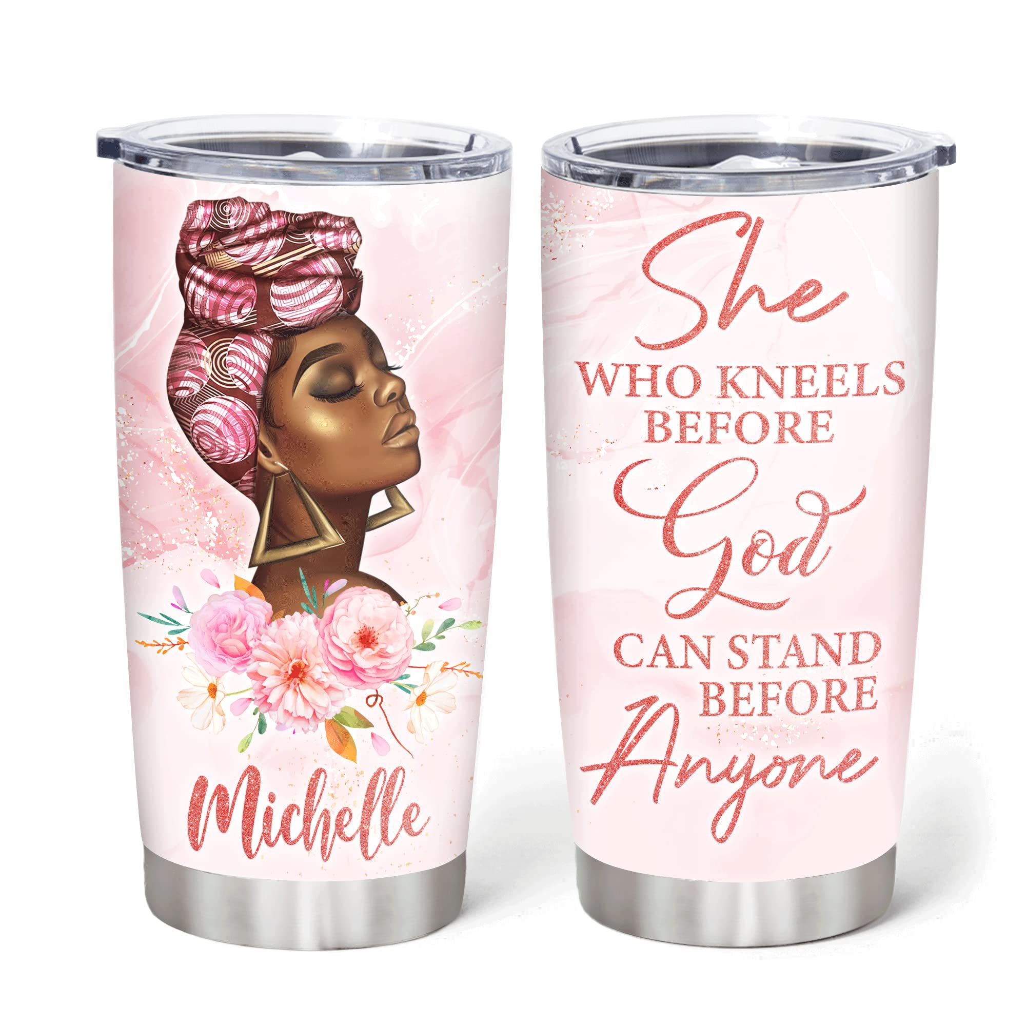 Hyturtle Personalized Black Women Tumbler - Birthday Christmas - She Know Kneels Before God Custom Name Stainless Steel Tumbler 20 oz With Lid - Gifts For African Queen Present - Gift for Her
