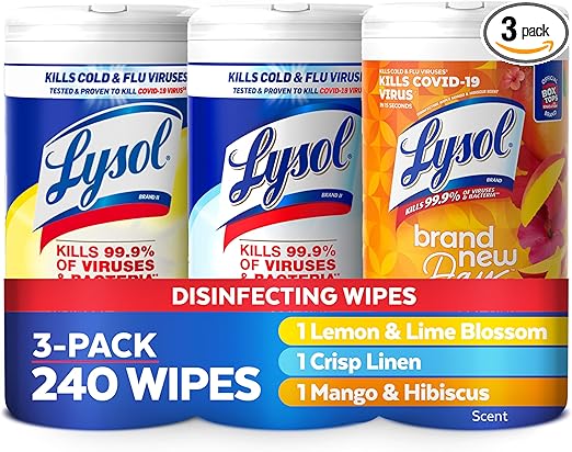 Lysol Disinfectant Wipes Bundle, Dorm Room Essentials, Multi-Surface Cleaning Wipes, For Disinfecting & Cleaning, Lemon & Lime Blossom, Crisp Linen, Mango & Hibiscus, 3x80 ct