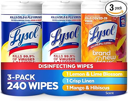 Lysol Disinfectant Wipes Bundle, Dorm Room Essentials, Multi-Surface Cleaning Wipes, For Disinfecting & Cleaning, Lemon & Lime Blossom, Crisp Linen, Mango & Hibiscus, 3x80 ct