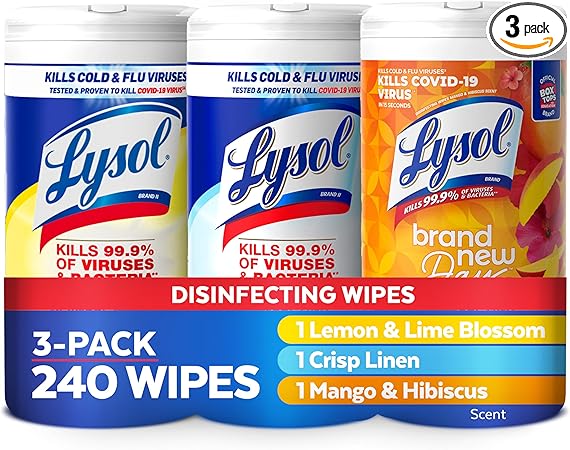 Lysol Disinfectant Wipes Bundle, Dorm Room Essentials, Multi-Surface Cleaning Wipes, For Disinfecting & Cleaning, Lemon & Lime Blossom, Crisp Linen, Mango & Hibiscus, 3x80 ct